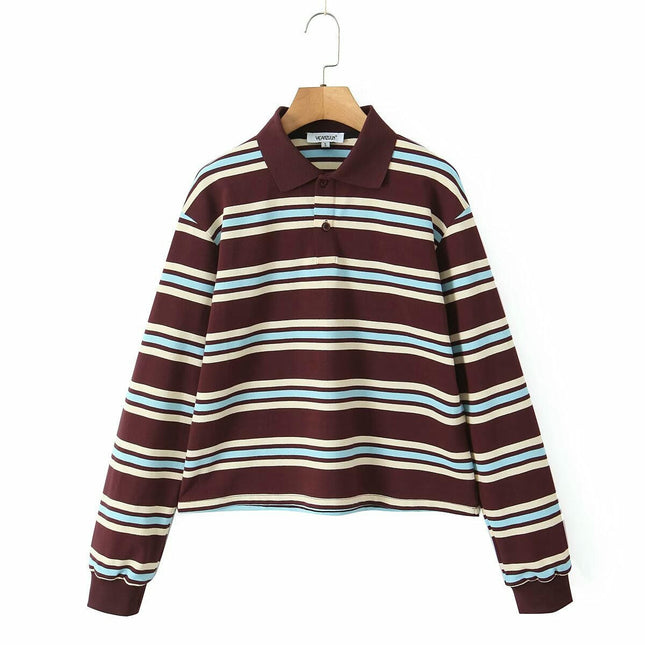 Womens Striped Long Sleeve Polo Shirts V Neck Collared Casual Loose Tops