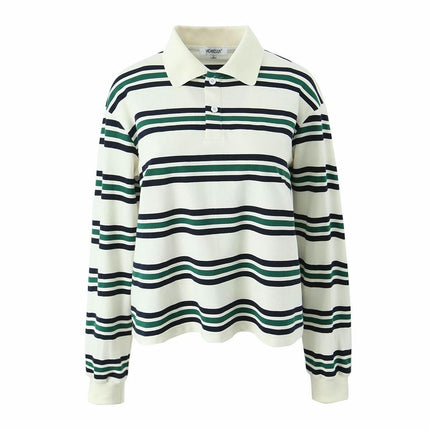 Womens Striped Long Sleeve Polo Shirts V Neck Collared Casual Loose Tops