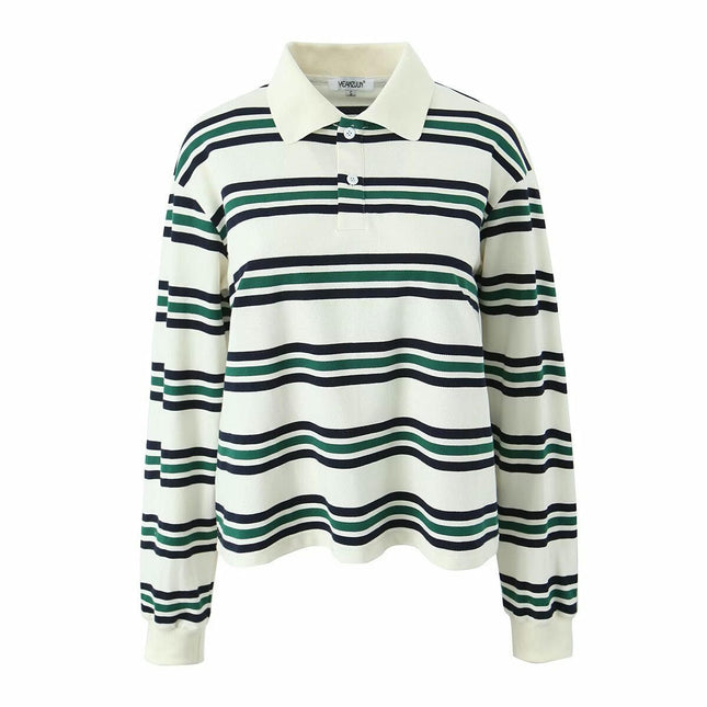Womens Striped Long Sleeve Polo Shirts V Neck Collared Casual Loose Tops