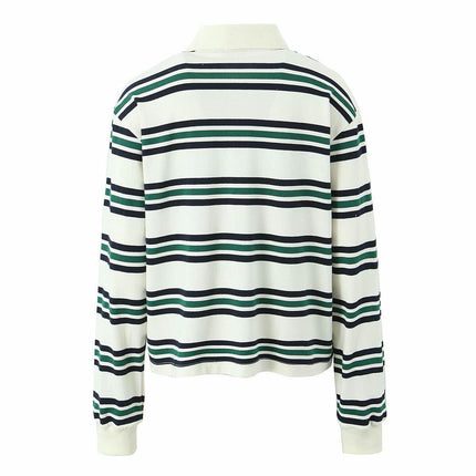 Womens Striped Long Sleeve Polo Shirts V Neck Collared Casual Loose Tops