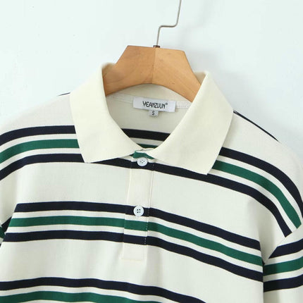 Womens Striped Long Sleeve Polo Shirts V Neck Collared Casual Loose Tops