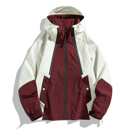 Outdoor Hooded Contrast Color Jacket Spring and Autumn Windproof Breathable Loose Mountaineering Clothes