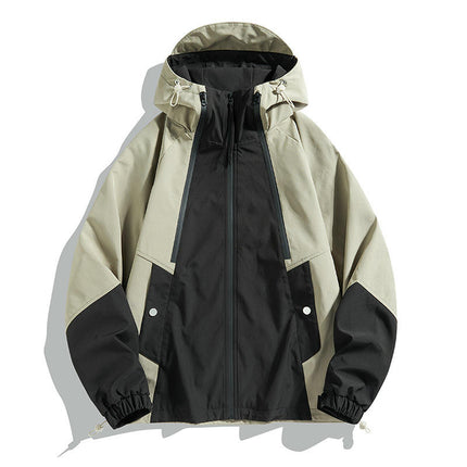 Outdoor Hooded Contrast Color Jacket Spring and Autumn Windproof Breathable Loose Mountaineering Clothes