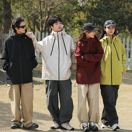Outdoor Hooded Contrast Color Jacket Spring and Autumn Windproof Breathable Loose Mountaineering Clothes