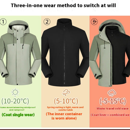 Men's Ski Jacket 3 in 1 Waterproof Winter Snow Jacket Windproof Hooded with Inner Warm Fleece Coat