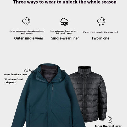 Winter Outdoor Three-In-One Jacket With Detachable Down Liner, Windproof and Rainproof Jacket