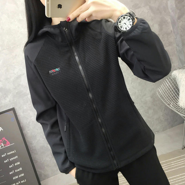 Women's Spring and Autumn Outdoor Windproof Warm Fleece Splicing Hooded Sports Sweater Jacket