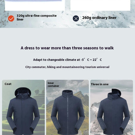 Men's and women's Outdoor 3-in-1 Jacket with Removable Fleece Liner, Windproof and Waterproof