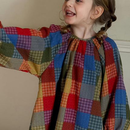 Girls Colorful Plaid Dress Spring Color Plaid Lantern Sleeve Cocoon Long Dress