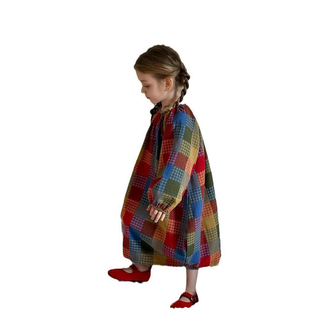 Girls Colorful Plaid Dress Spring Color Plaid Lantern Sleeve Cocoon Long Dress