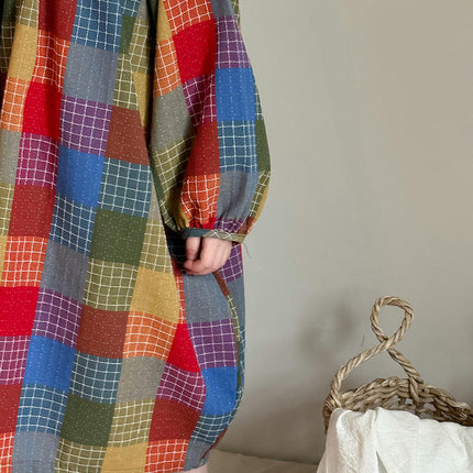 Girls Colorful Plaid Dress Spring Color Plaid Lantern Sleeve Cocoon Long Dress