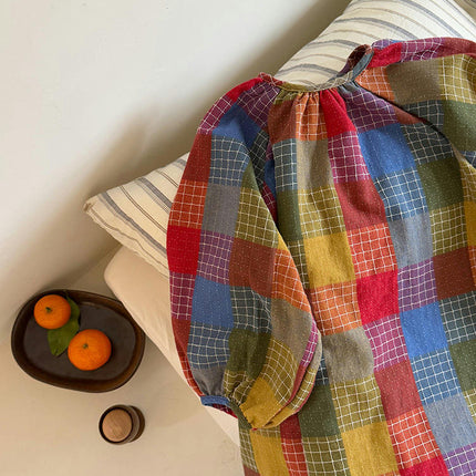 Girls Colorful Plaid Dress Spring Color Plaid Lantern Sleeve Cocoon Long Dress