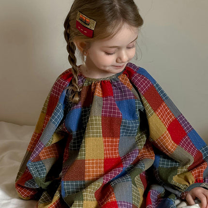 Girls Colorful Plaid Dress Spring Color Plaid Lantern Sleeve Cocoon Long Dress