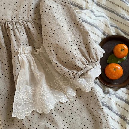 Girls Long Sleeve Polka Dot Dress-Spring and Summer Lace Trim Long Dress