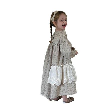 Girls Long Sleeve Polka Dot Dress-Spring and Summer Lace Trim Long Dress