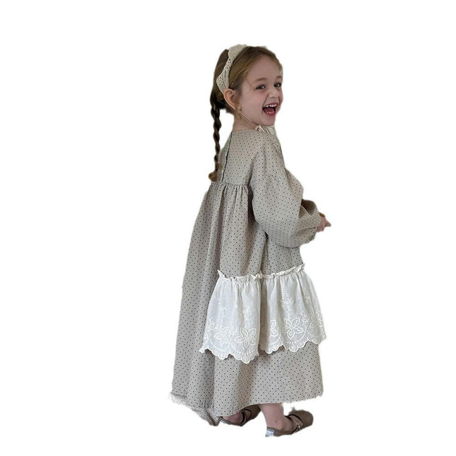 Girls Long Sleeve Polka Dot Dress-Spring and Summer Lace Trim Long Dress