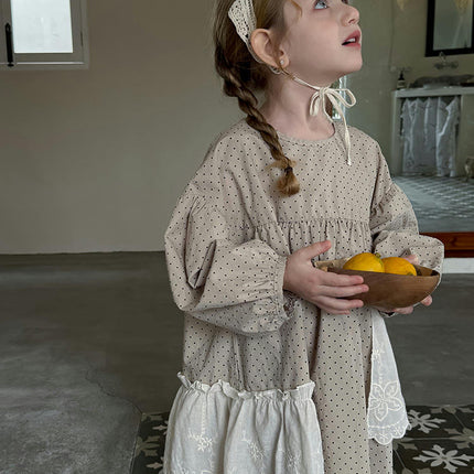 Girls Long Sleeve Polka Dot Dress-Spring and Summer Lace Trim Long Dress