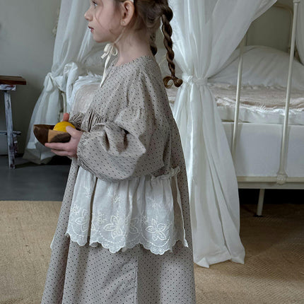 Girls Long Sleeve Polka Dot Dress-Spring and Summer Lace Trim Long Dress