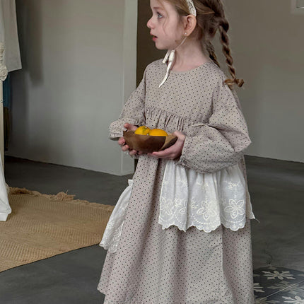 Girls Long Sleeve Polka Dot Dress-Spring and Summer Lace Trim Long Dress
