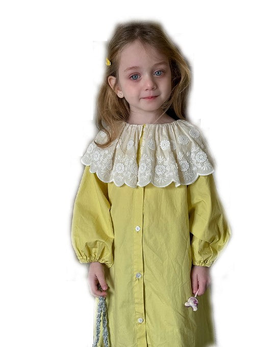 Girls Dress Spring and Summer Children's Lace Large Lapel Long Sleeve Dress