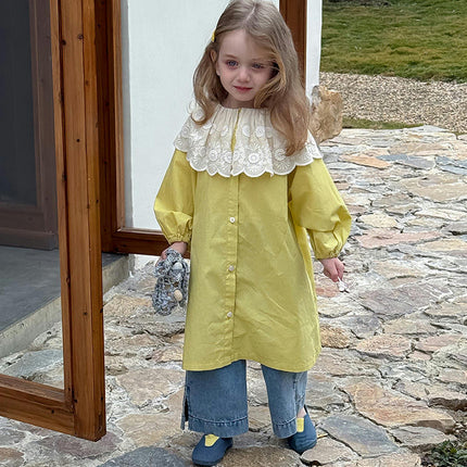 Girls Dress Spring and Summer Children's Lace Large Lapel Long Sleeve Dress