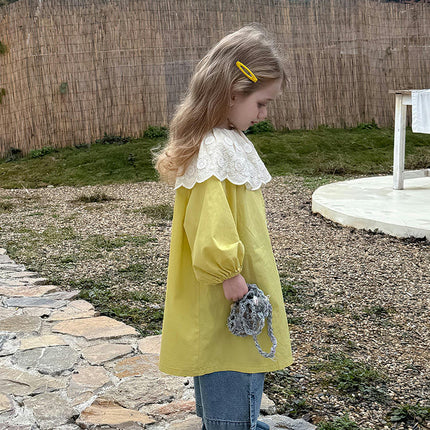 Girls Dress Spring and Summer Children's Lace Large Lapel Long Sleeve Dress