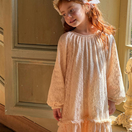Spring and Summer Lace Dress-Round Neck Long Sleeve Ruffled Lace Hem Dress