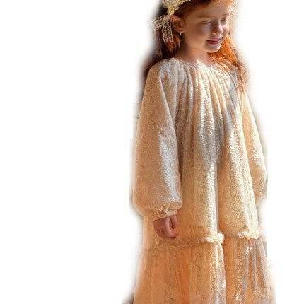Spring and Summer Lace Dress-Round Neck Long Sleeve Ruffled Lace Hem Dress