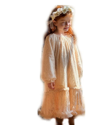 Spring and Summer Lace Dress-Round Neck Long Sleeve Ruffled Lace Hem Dress