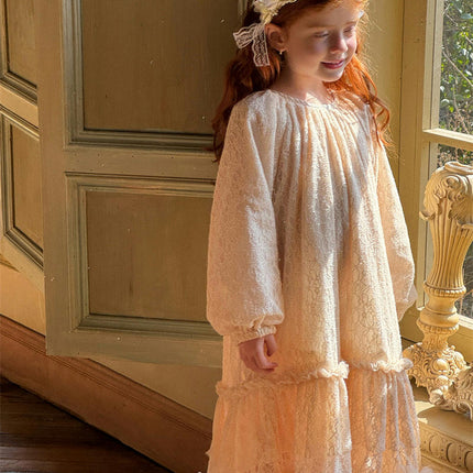 Spring and Summer Lace Dress-Round Neck Long Sleeve Ruffled Lace Hem Dress