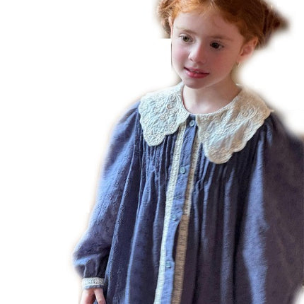 Girls Embroidered Lapel Retro Dress Pastoral Style Long Sleeve Dress