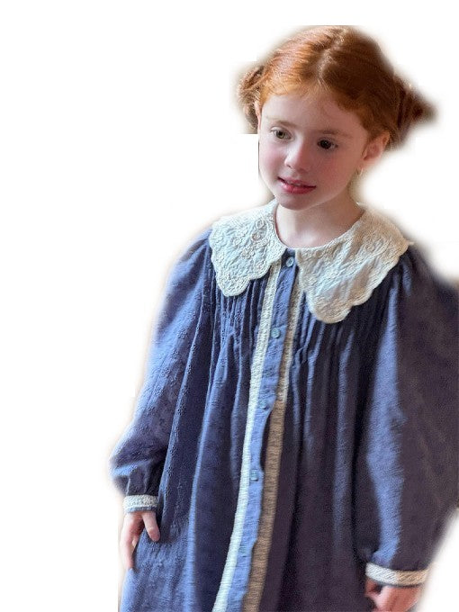 Girls Embroidered Lapel Retro Dress Pastoral Style Long Sleeve Dress