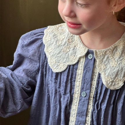 Girls Embroidered Lapel Retro Dress Pastoral Style Long Sleeve Dress