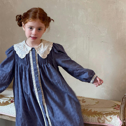 Girls Embroidered Lapel Retro Dress Pastoral Style Long Sleeve Dress
