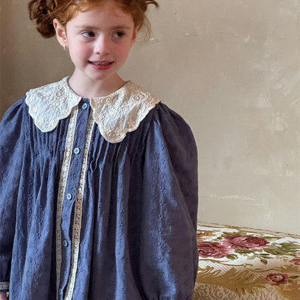 Girls Embroidered Lapel Retro Dress Pastoral Style Long Sleeve Dress