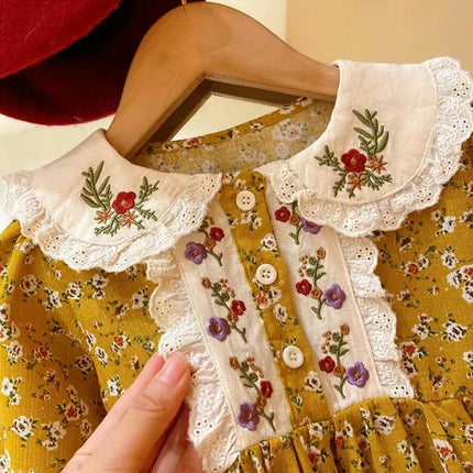 Girls Embroidered Doll Collar Long Sleeve Floral Dress Spring Pastoral Style Dress