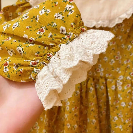 Girls Embroidered Doll Collar Long Sleeve Floral Dress Spring Pastoral Style Dress