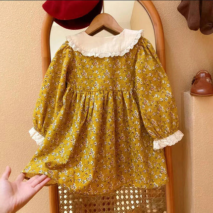 Girls Embroidered Doll Collar Long Sleeve Floral Dress Spring Pastoral Style Dress