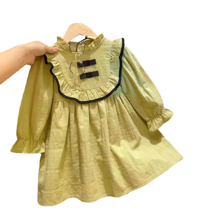 Girls Ruffle Lace Stand Collar Dress Children's Long Sleeve Cotton A-Line Skirt