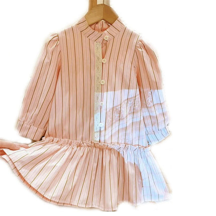 Spring and Autumn Girls Striped Shirt Collar Long Sleeve Button Dress