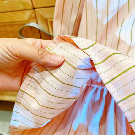 Spring and Autumn Girls Striped Shirt Collar Long Sleeve Button Dress