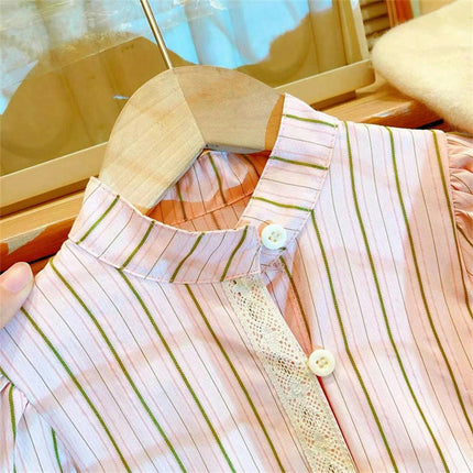 Spring and Autumn Girls Striped Shirt Collar Long Sleeve Button Dress