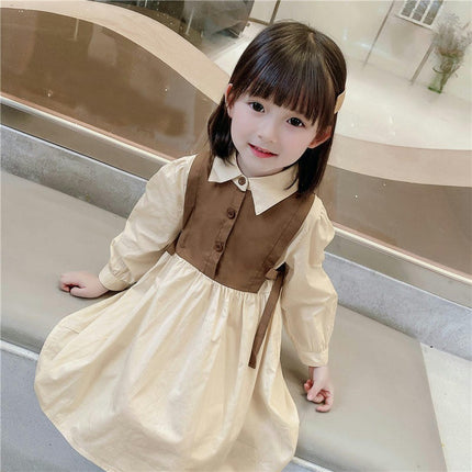 Girls Lapel Dress Autumn Style Bowknot Splicing Small and Medium Children's Dress