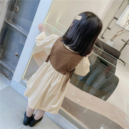 Girls Lapel Dress Autumn Style Bowknot Splicing Small and Medium Children's Dress