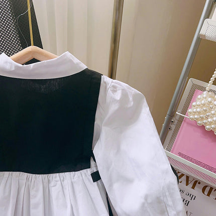 Girls Lapel Dress Autumn Style Bowknot Splicing Small and Medium Children's Dress