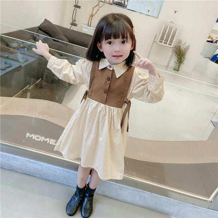 Girls Lapel Dress Autumn Style Bowknot Splicing Small and Medium Children's Dress