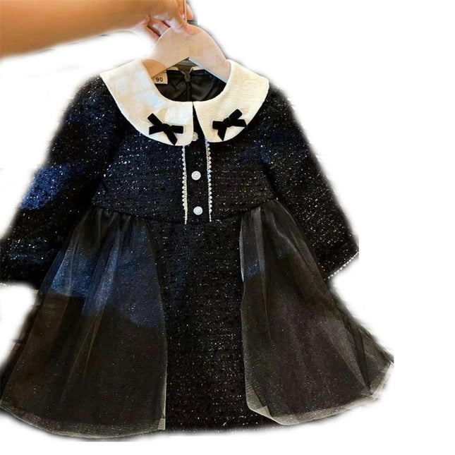 Children's Autumn Dress-Mom Collar Mesh Splicing Long Sleeve Little Girl Princess Dress