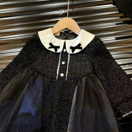 Children's Autumn Dress-Mom Collar Mesh Splicing Long Sleeve Little Girl Princess Dress