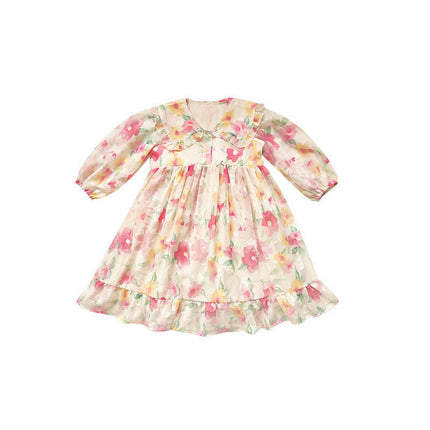 Children's Autumn Long Sleeve Dress-Baby Girl Lapel Flower Flowing Dress