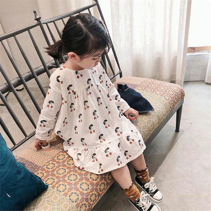 Children's Round Neck Cherry Princess Dress-Long Sleeve Cute Fresh Dress